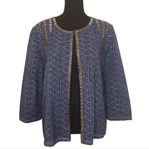 Chico's Open Front Eyelet Embellished Jacket Women's Sz Large Dusty Blue